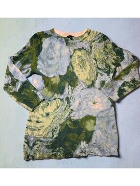 Talbots Audrey Cashmere Sweater Womens Medium Abstract Floral 3/4 Sleeve Green S